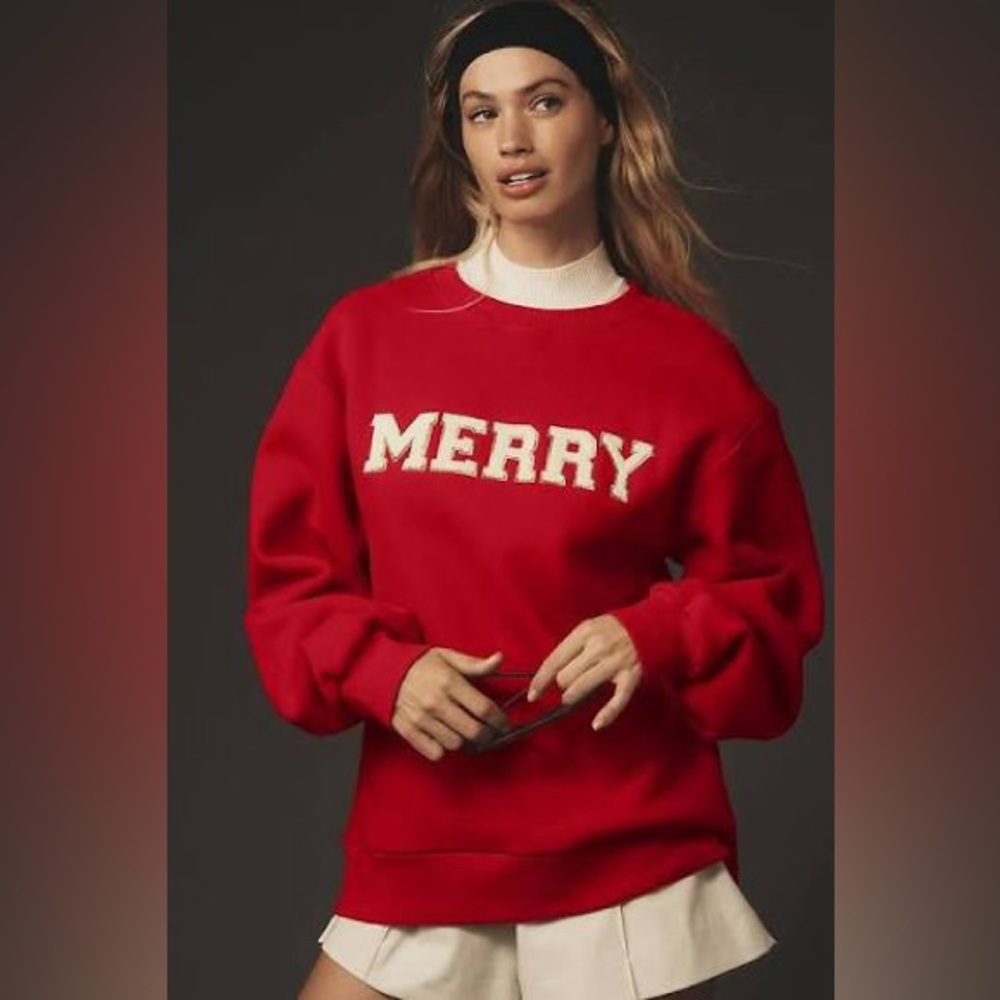 Beach Riot Red Crewneck Sweater with Gold 'Merry' Design